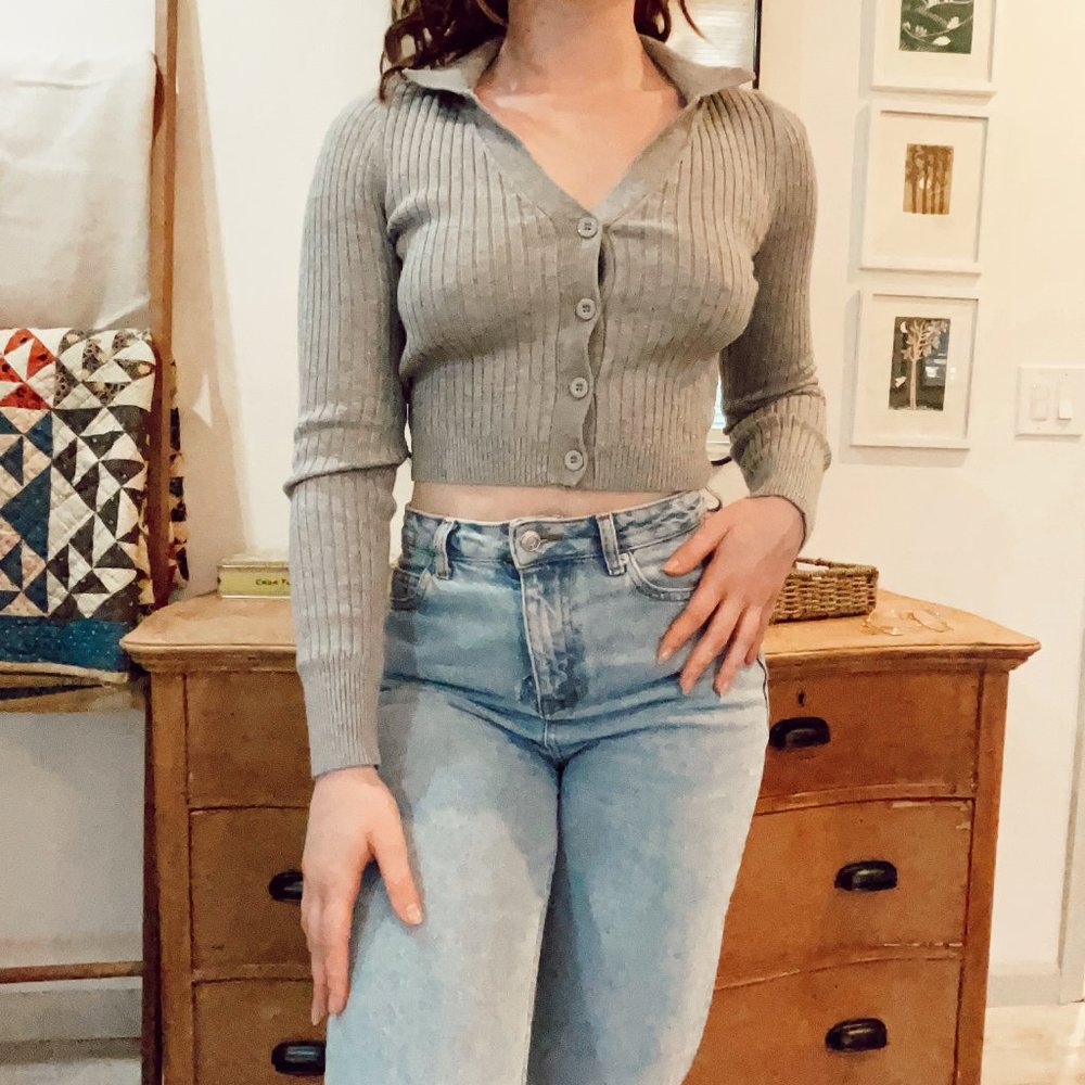 Emory Park Gray Long Sleeve Ribbed Polo Cardigan (size US m)